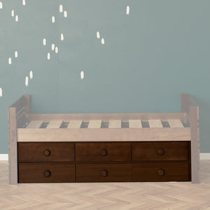 Convenient 3 drawers for under bed storage. Shown as two sets combined under our versatile captains bed.